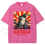 Unisex Catzilla Printed Washed Tee