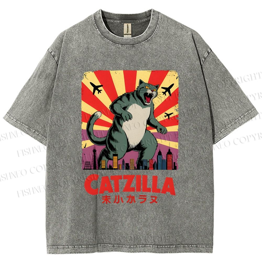 Unisex Catzilla Printed Washed Tee