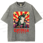 Unisex Catzilla Printed Washed Tee