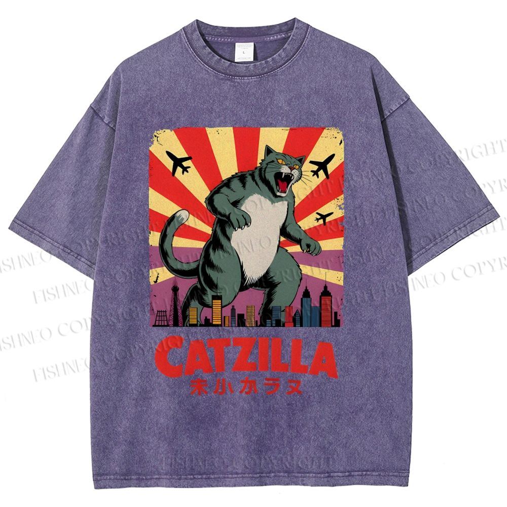 Unisex Catzilla Printed Washed Tee