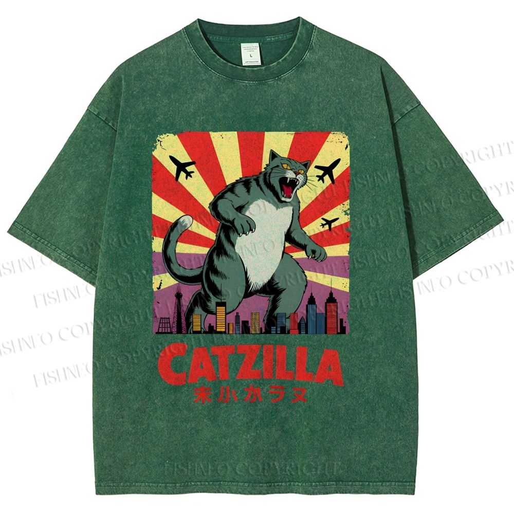 Unisex Catzilla Printed Washed Tee