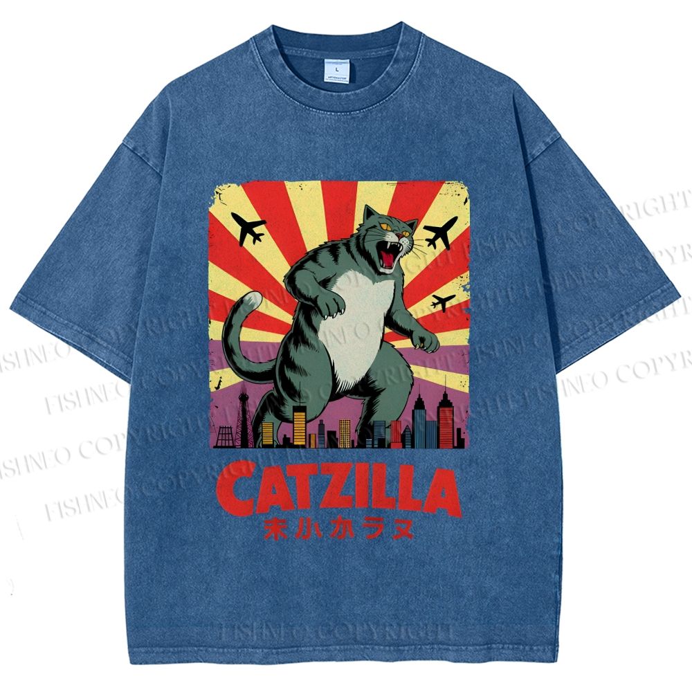Unisex Catzilla Printed Washed Tee