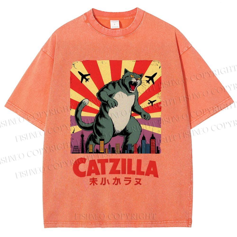 Unisex Catzilla Printed Washed Tee