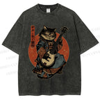 Unisex Samurai Cat Playing The Electric Printed Washed Tee