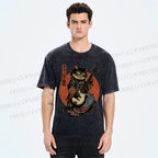 Unisex Samurai Cat Playing The Electric Printed Washed Tee