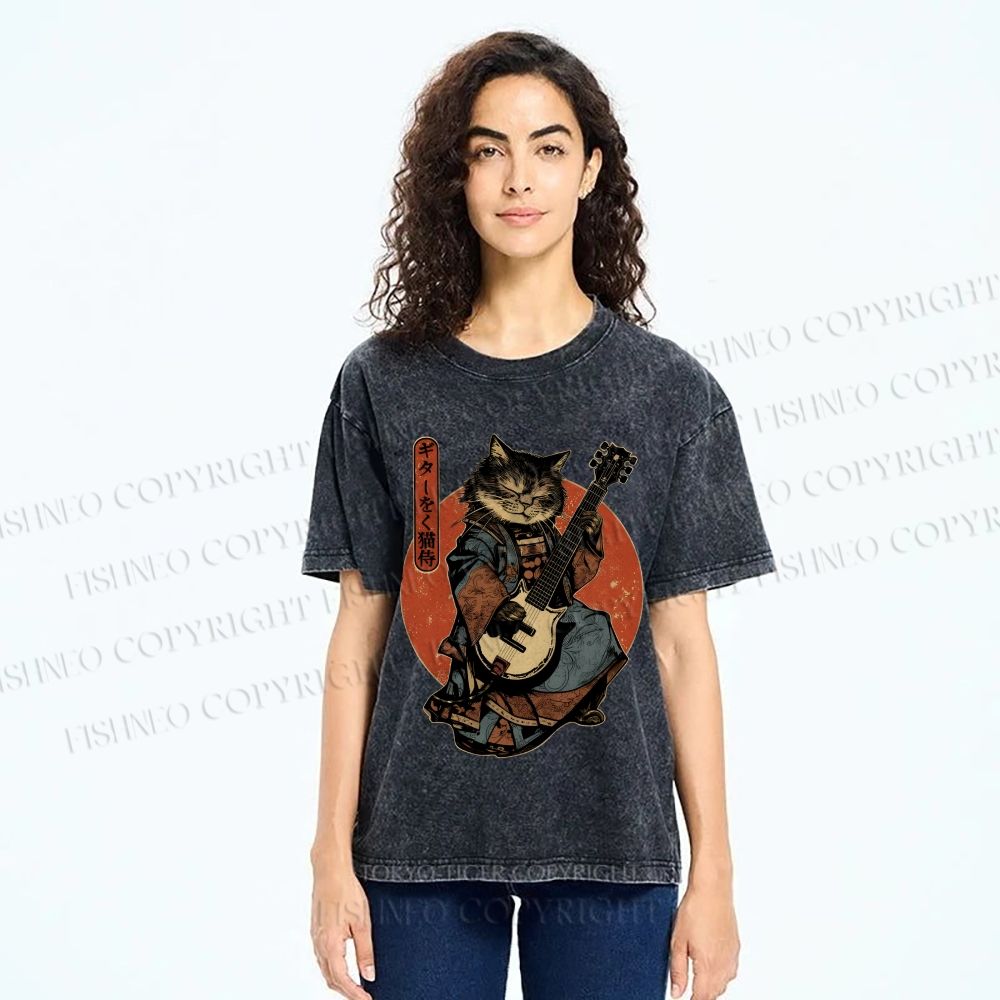 Unisex Samurai Cat Playing The Electric Printed Washed Tee