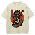 Unisex Samurai Cat Playing The Electric Printed Washed Tee