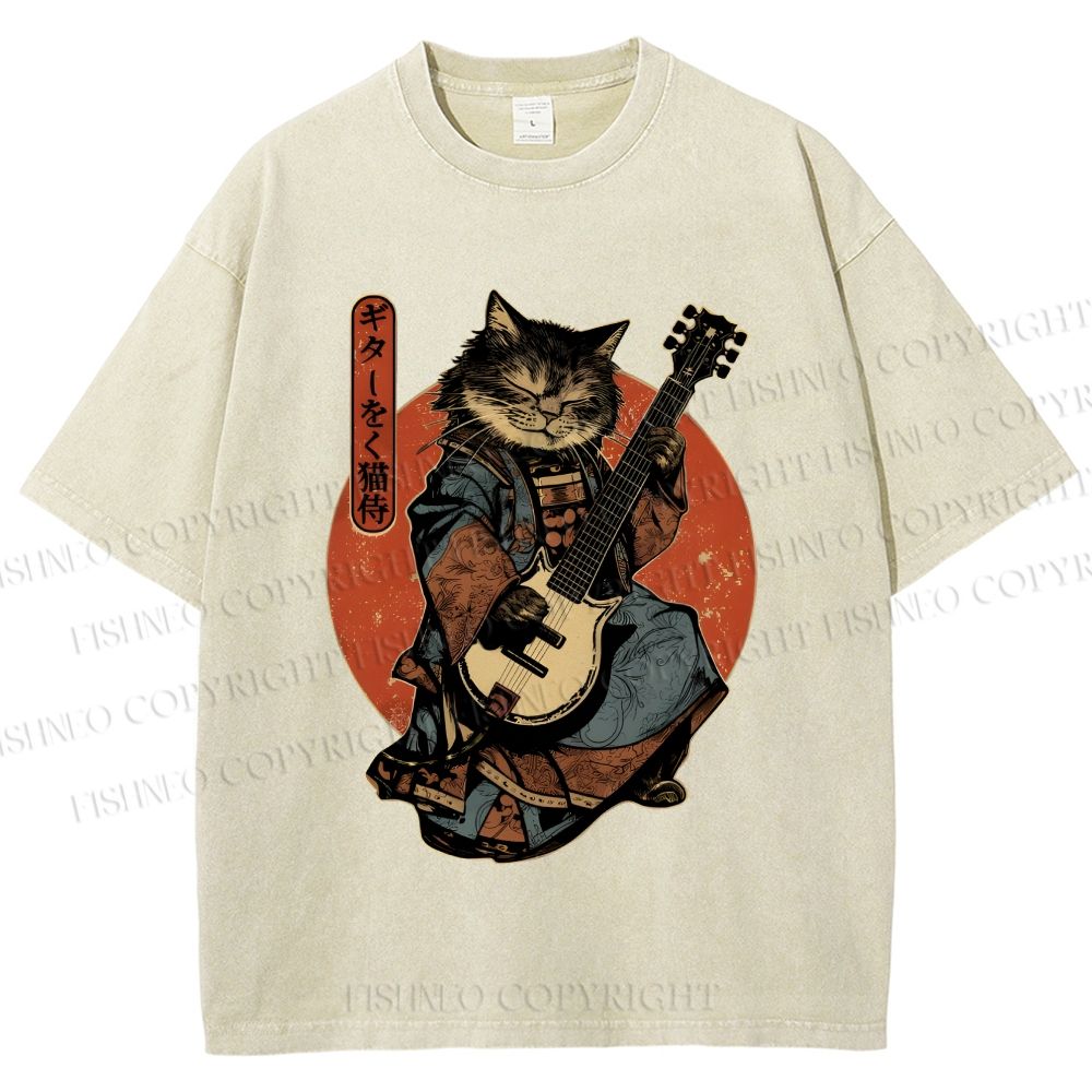 Unisex Samurai Cat Playing The Electric Printed Washed Tee