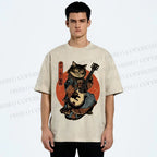 Unisex Samurai Cat Playing The Electric Printed Washed Tee