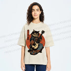 Unisex Samurai Cat Playing The Electric Printed Washed Tee