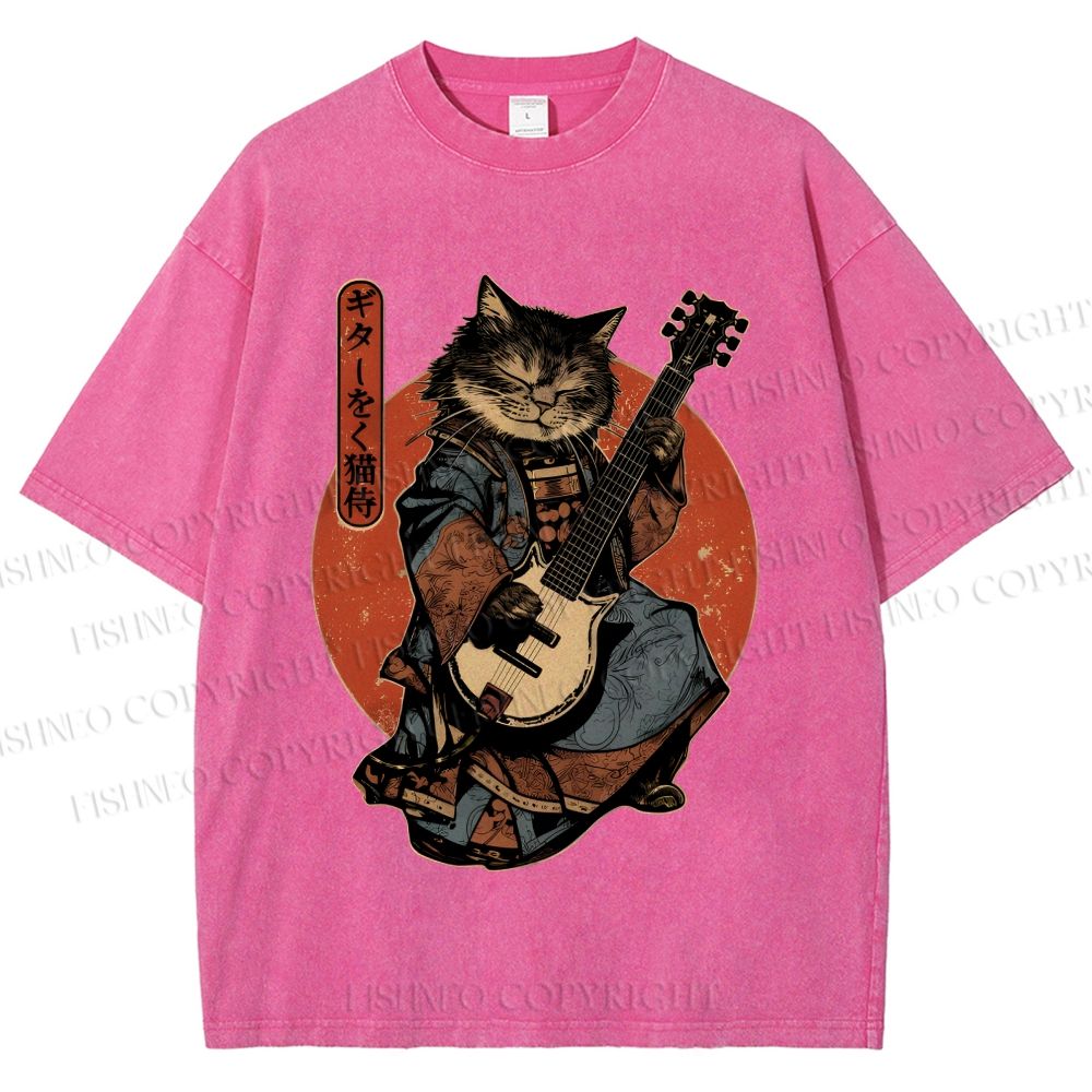 Unisex Samurai Cat Playing The Electric Printed Washed Tee