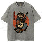 Unisex Samurai Cat Playing The Electric Printed Washed Tee
