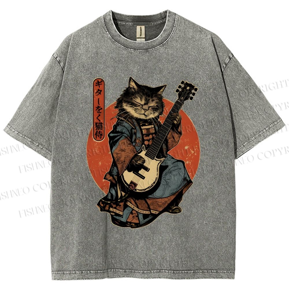 Unisex Samurai Cat Playing The Electric Printed Washed Tee