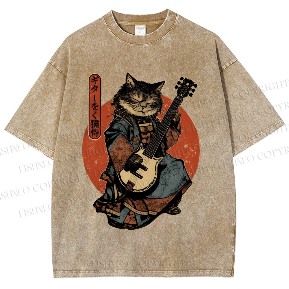Unisex Samurai Cat Playing The Electric Printed Washed Tee