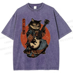 Unisex Samurai Cat Playing The Electric Printed Washed Tee