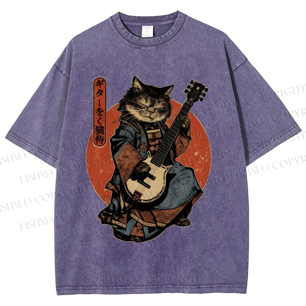 Unisex Samurai Cat Playing The Electric Printed Washed Tee
