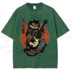 Unisex Samurai Cat Playing The Electric Printed Washed Tee