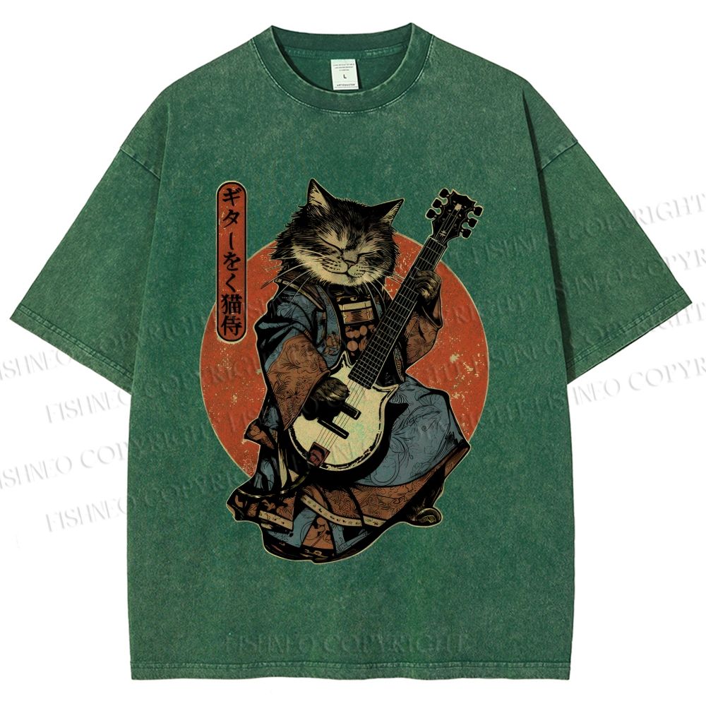 Unisex Samurai Cat Playing The Electric Printed Washed Tee