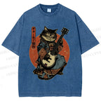 Unisex Samurai Cat Playing The Electric Printed Washed Tee