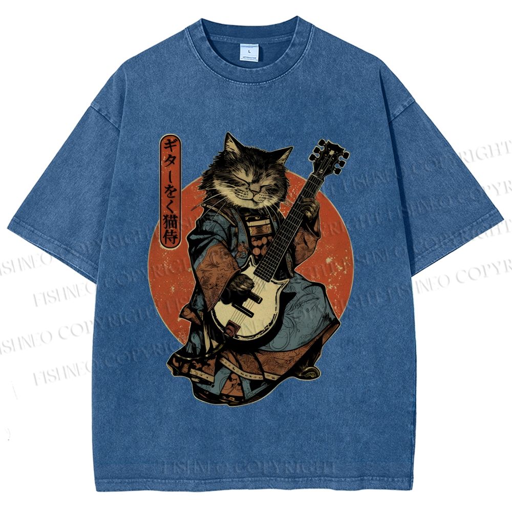 Unisex Samurai Cat Playing The Electric Printed Washed Tee