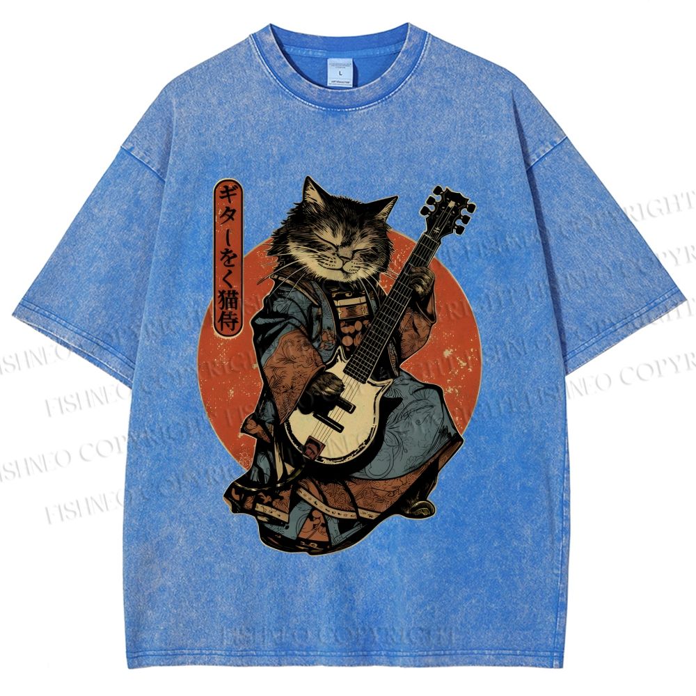 Unisex Samurai Cat Playing The Electric Printed Washed Tee