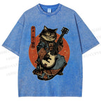 Unisex Samurai Cat Playing The Electric Printed Washed Tee