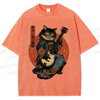 Unisex Samurai Cat Playing The Electric Printed Washed Tee