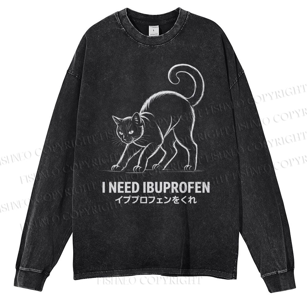 Unisex Casual Washed I Need Ibuprofen Japanese Cat Printed Long Sleeve T-shirt