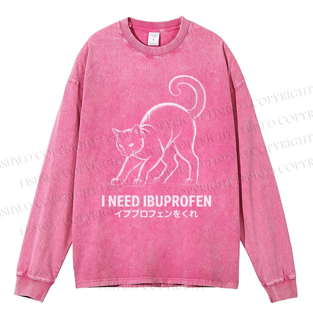 Unisex Casual Washed I Need Ibuprofen Japanese Cat Printed Long Sleeve T-shirt