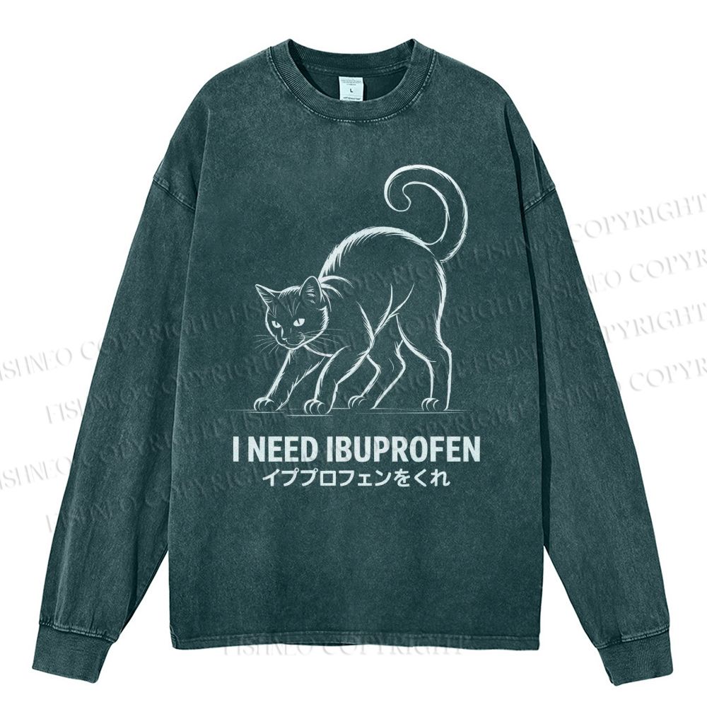 Unisex Casual Washed I Need Ibuprofen Japanese Cat Printed Long Sleeve T-shirt