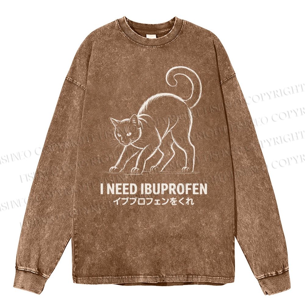 Unisex Casual Washed I Need Ibuprofen Japanese Cat Printed Long Sleeve T-shirt