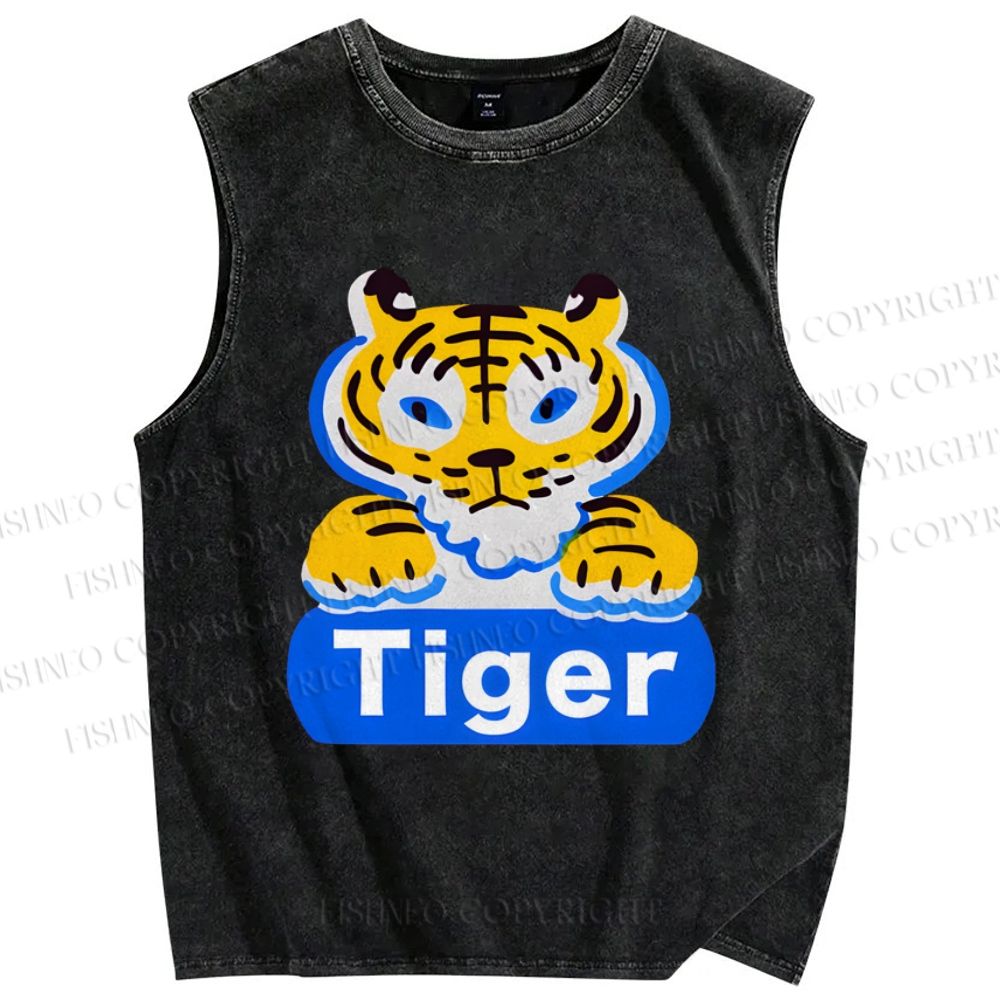 Unisex Tiger Printed Washed Tank Top