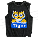 Unisex Tiger Printed Washed Tank Top