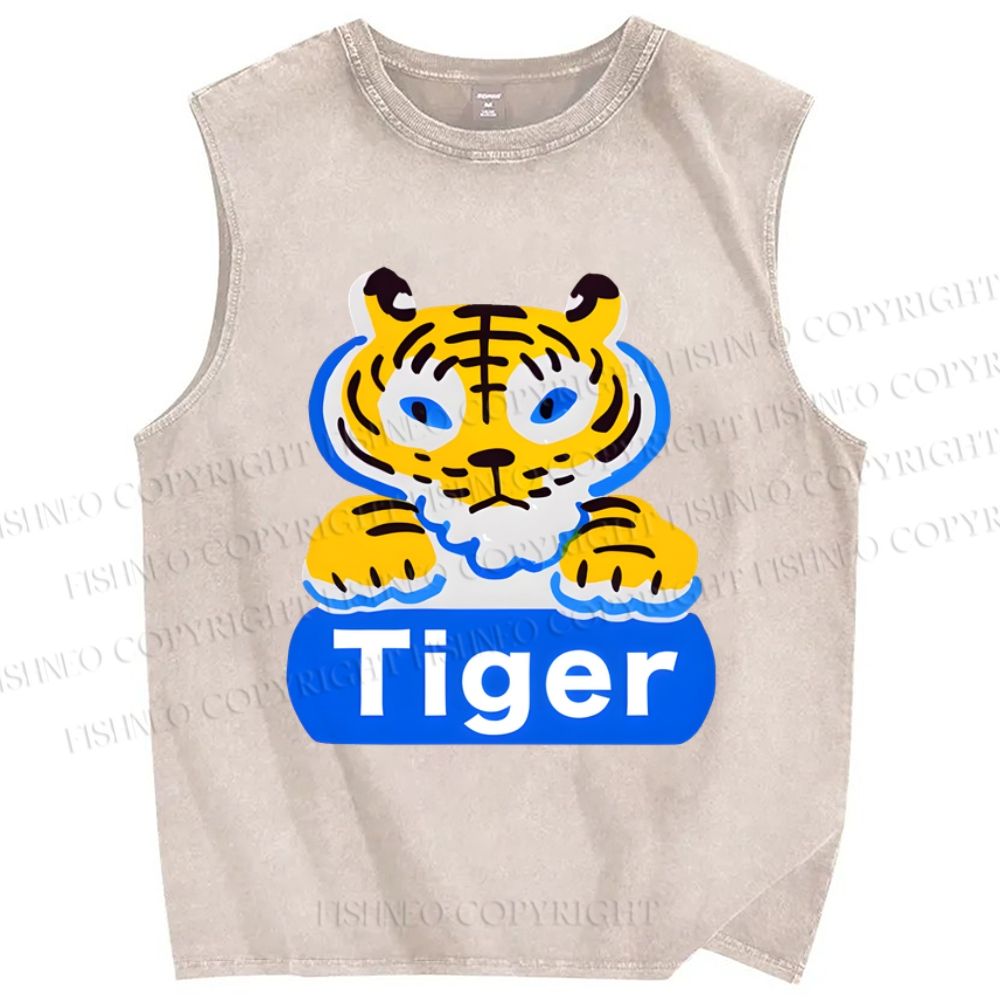 Unisex Tiger Printed Washed Tank Top