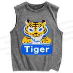 Unisex Tiger Printed Washed Tank Top