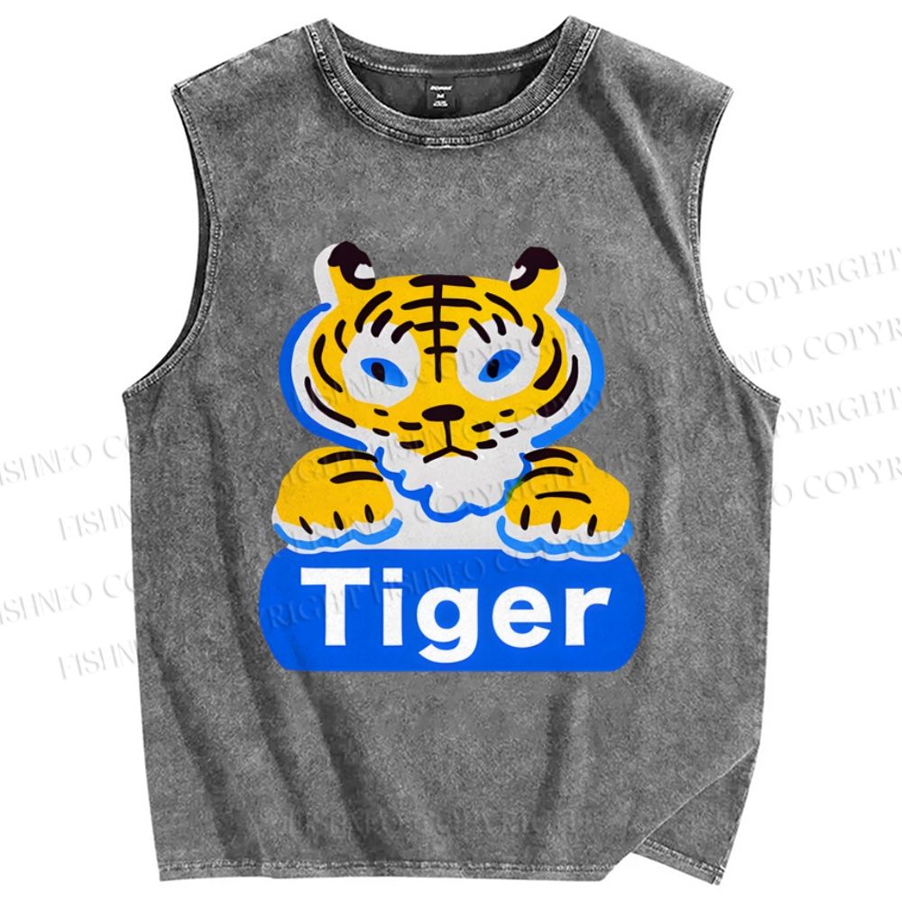 Unisex Tiger Printed Washed Tank Top