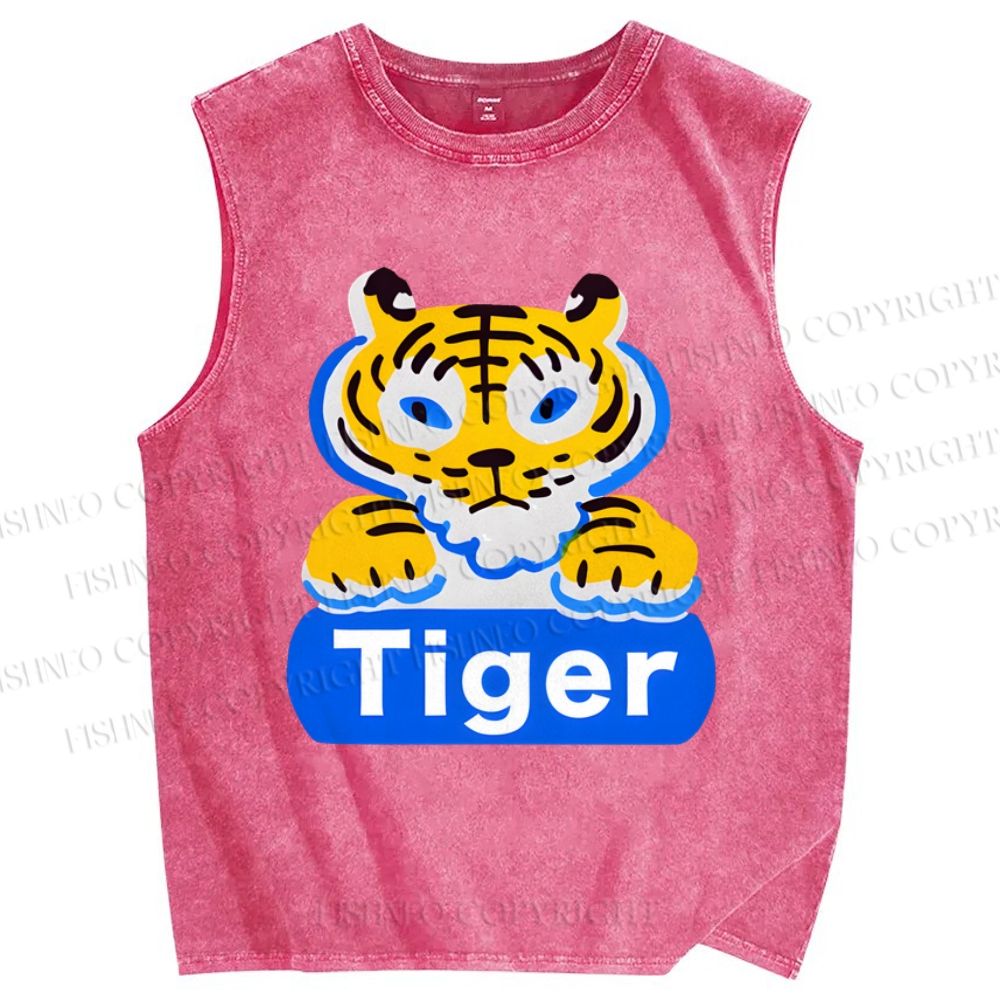 Unisex Tiger Printed Washed Tank Top