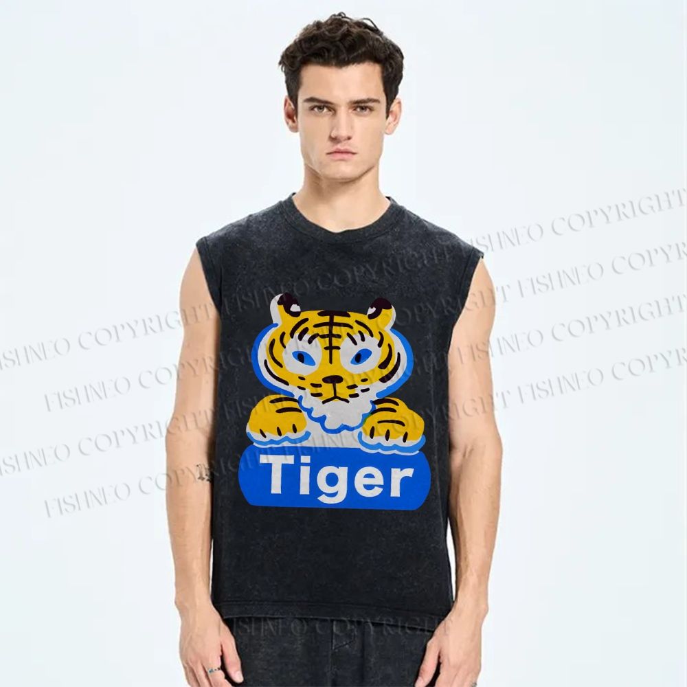 Unisex Tiger Printed Washed Tank Top