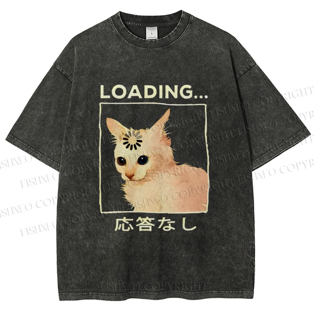 Unisex Funny Cat Loading Printed Washed Tee