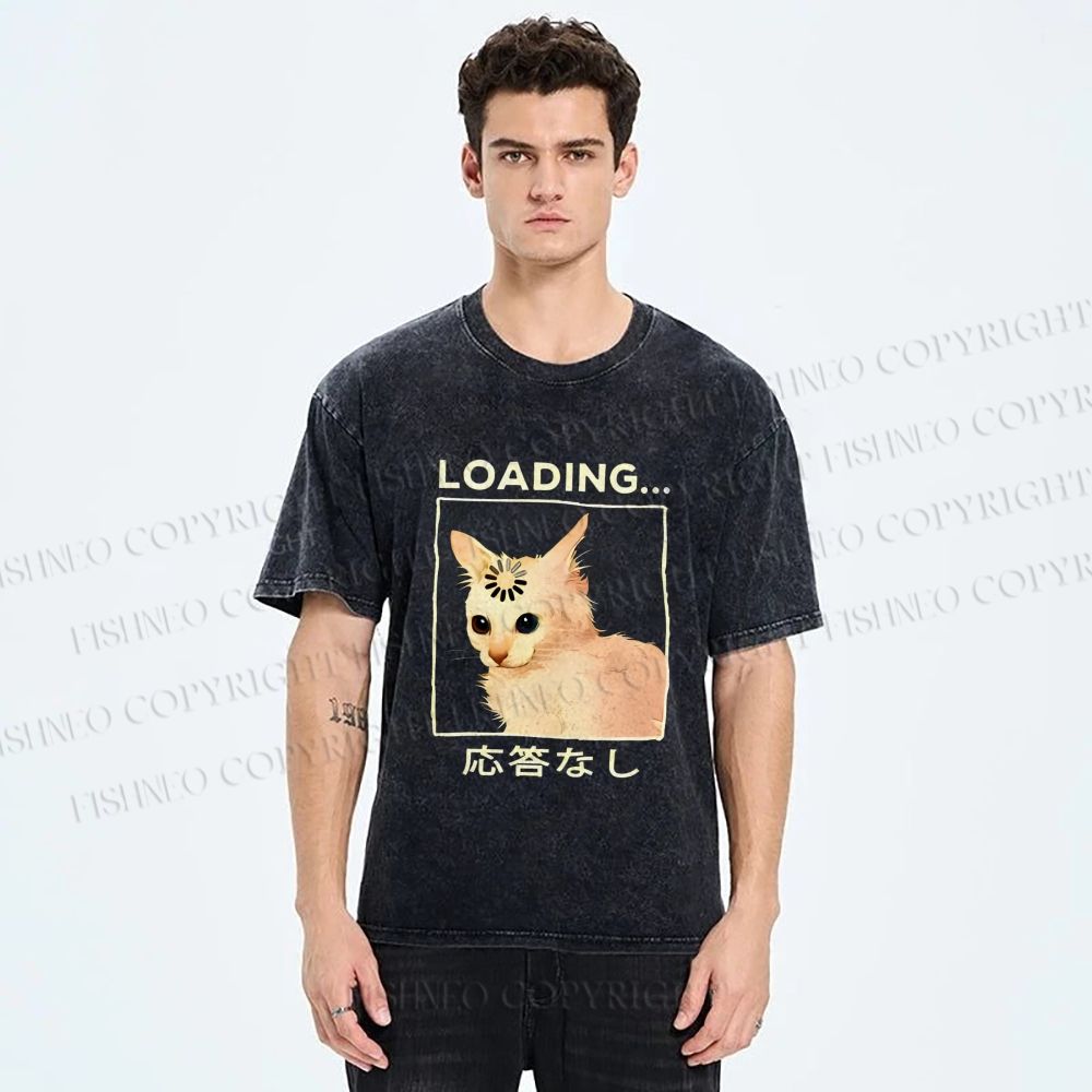 Unisex Funny Cat Loading Printed Washed Tee