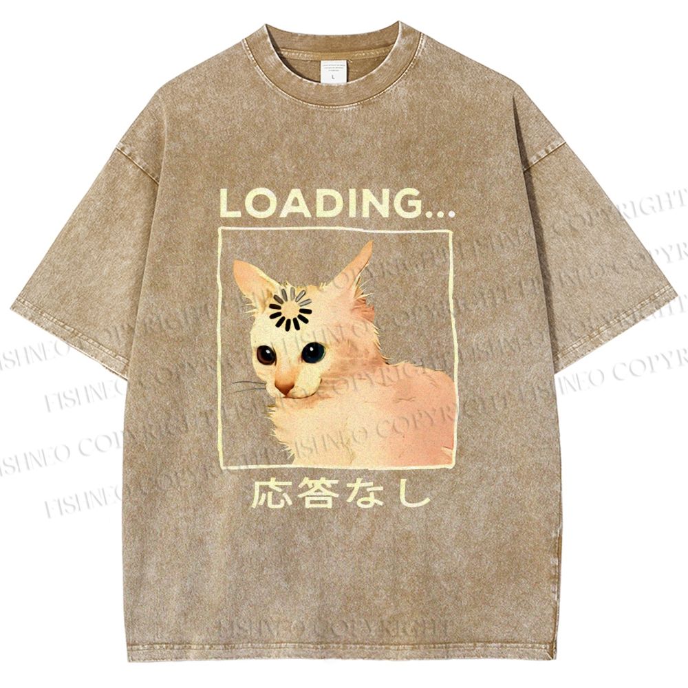 Unisex Funny Cat Loading Printed Washed Tee