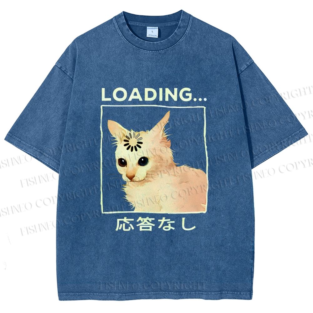Unisex Funny Cat Loading Printed Washed Tee
