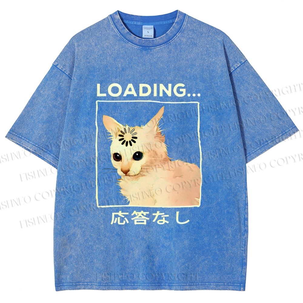 Unisex Funny Cat Loading Printed Washed Tee