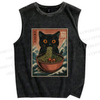 Unisex Japanese Wave Ramen Cat Printed Washed Tank Top