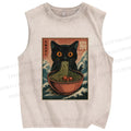 Unisex Japanese Wave Ramen Cat Printed Washed Tank Top