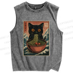 Unisex Japanese Wave Ramen Cat Printed Washed Tank Top