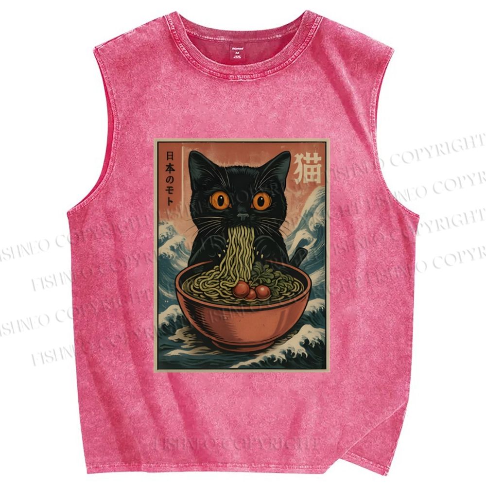 Unisex Japanese Wave Ramen Cat Printed Washed Tank Top