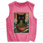 Unisex Japanese Wave Ramen Cat Printed Washed Tank Top