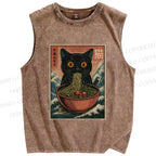 Unisex Japanese Wave Ramen Cat Printed Washed Tank Top