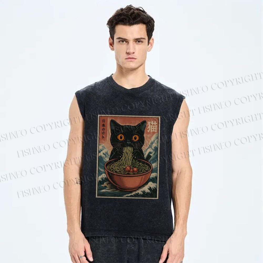 Unisex Japanese Wave Ramen Cat Printed Washed Tank Top